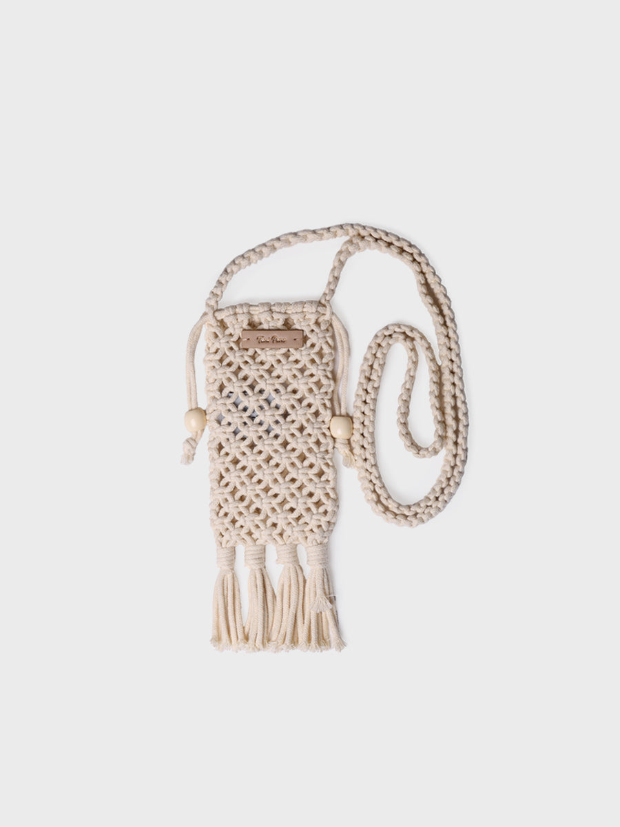 Crochet mobile phone bag with fringe and side closures | MAGALI