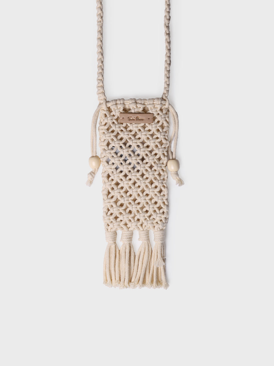 Crochet mobile phone bag with fringe and side closures | MAGALI